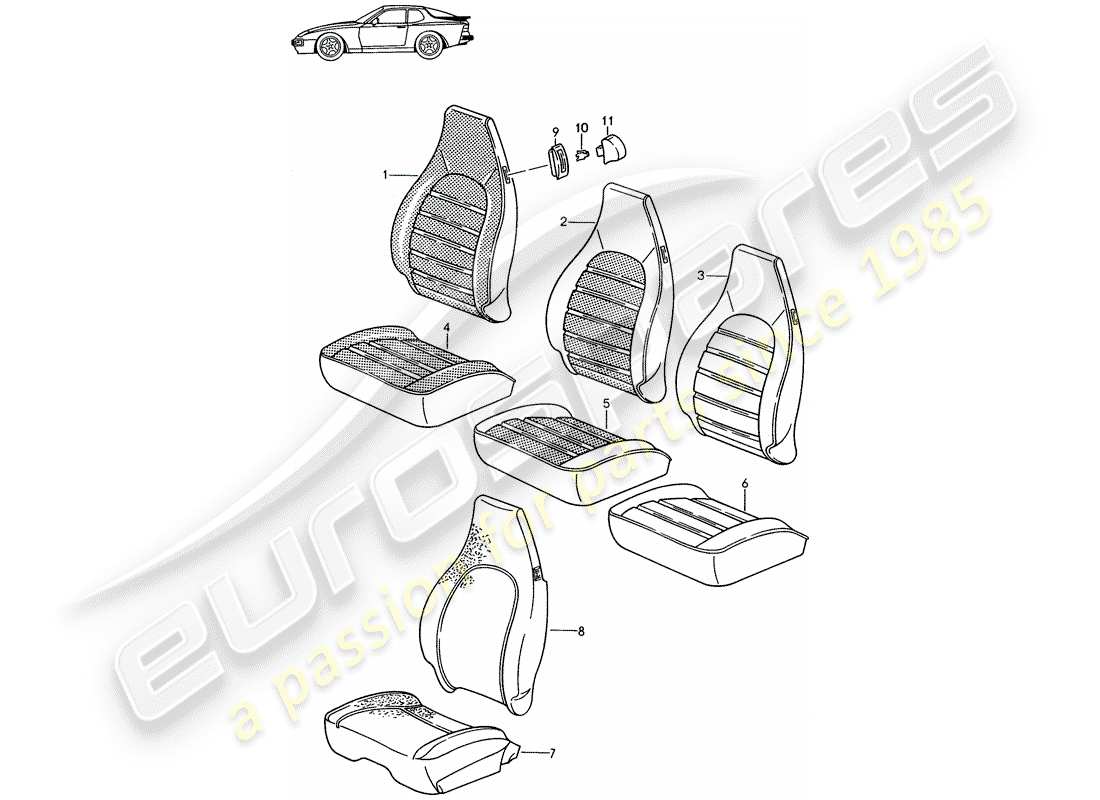 Porsche Seat 944/968/911/928 (1992) COPERTURA - SEDILE ANTERIORE - D - MJ 1989>> - MJ 1991 Diagramma delle parti