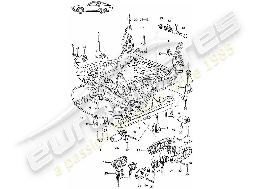 Porsche Seat 944/968/911/928 (1992) TELAIO SEDILE - SEDILE SPORTIVO - REGOLABILE ELETTRICAMENTE - D - MJ 1985>> - MJ 1986 Schema delle parti