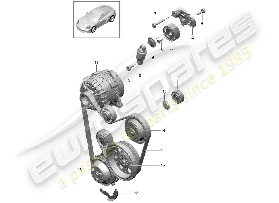 Porsche 718 Cayman (2018) ammortizzatore di tensionamento della cinghia Diagramma delle parti