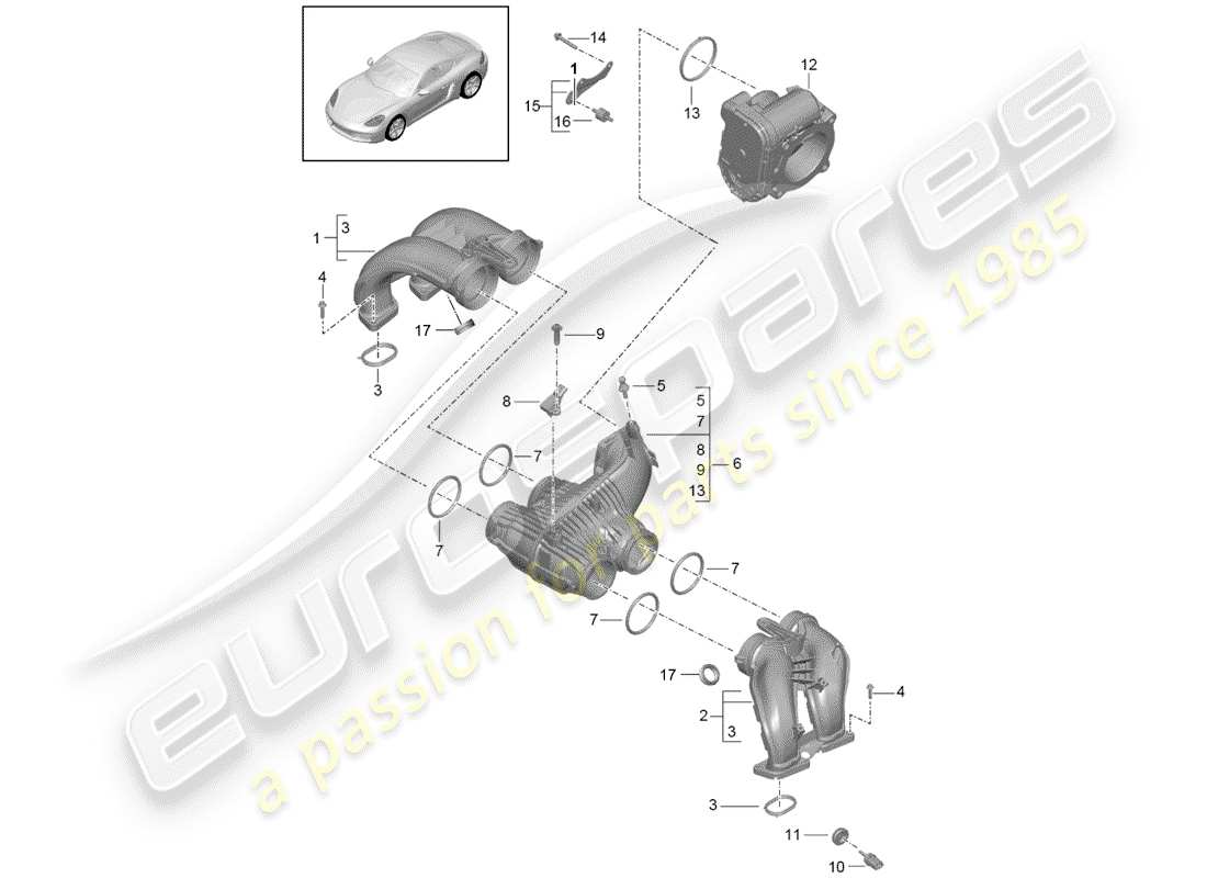 Porsche 718 Cayman (2018) distributore dell'aria aspirata Diagramma delle parti