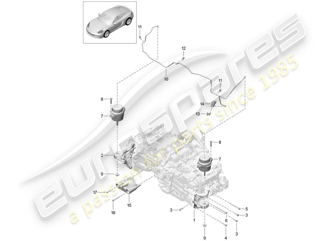 Porsche 718 Cayman (2018) paranco di sollevamento del motore Diagramma delle parti