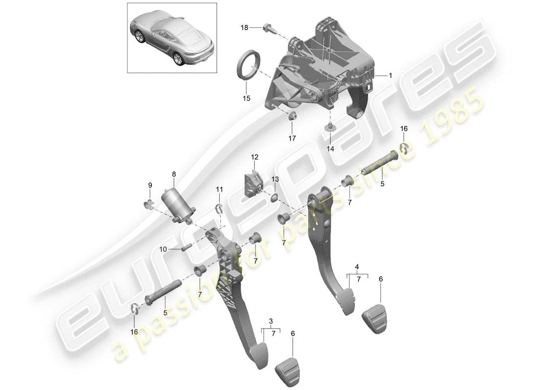 Porsche 718 Cayman (2018) freno e acc. montaggio del pedale Diagramma delle parti
