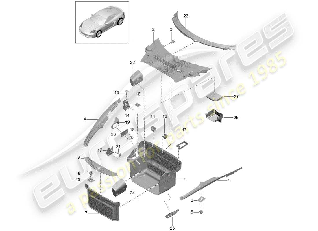 Porsche 718 Cayman (2018) fodera dello stivale Diagramma delle parti