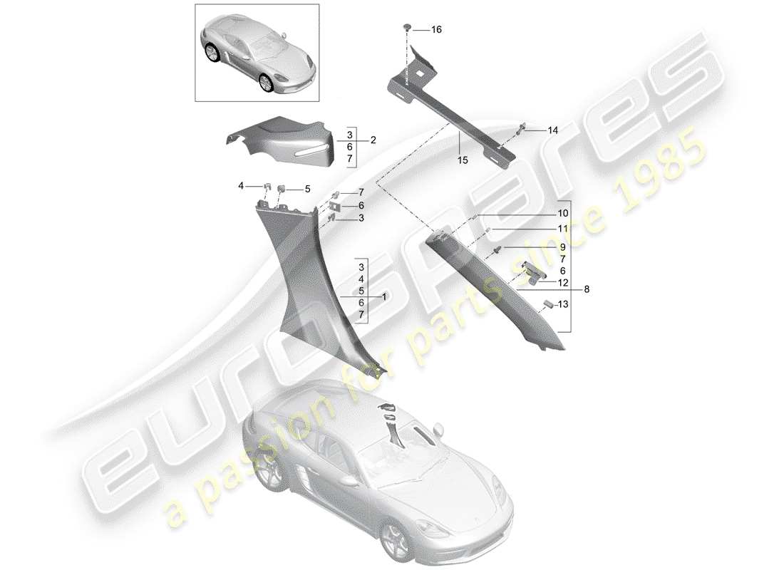 Porsche 718 Cayman (2018) pannello di rivestimento laterale Diagramma delle parti