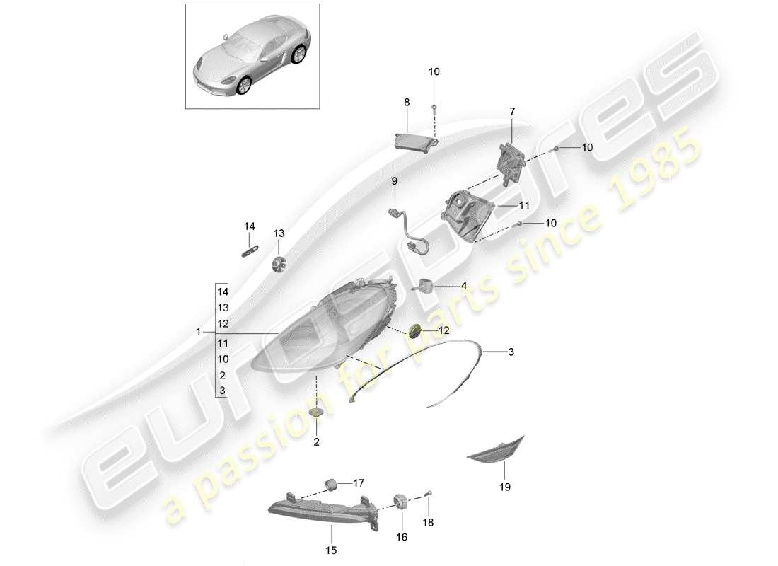 Porsche 718 Cayman (2018) faro Diagramma delle parti