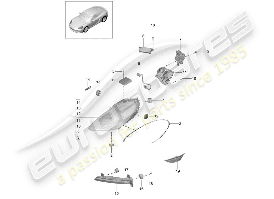 Porsche 718 Cayman (2018) faro Diagramma delle parti