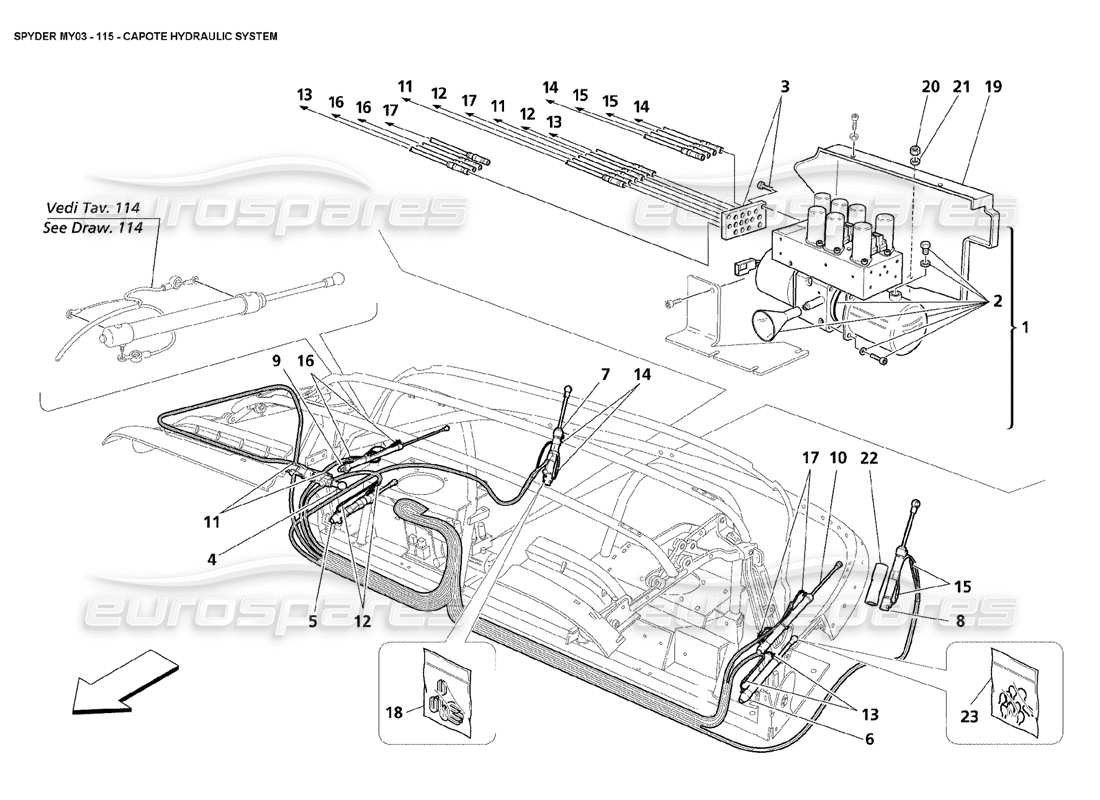 Maserati 4200 Spyder (2003) Sistema idraulico Capote Diagramma delle parti