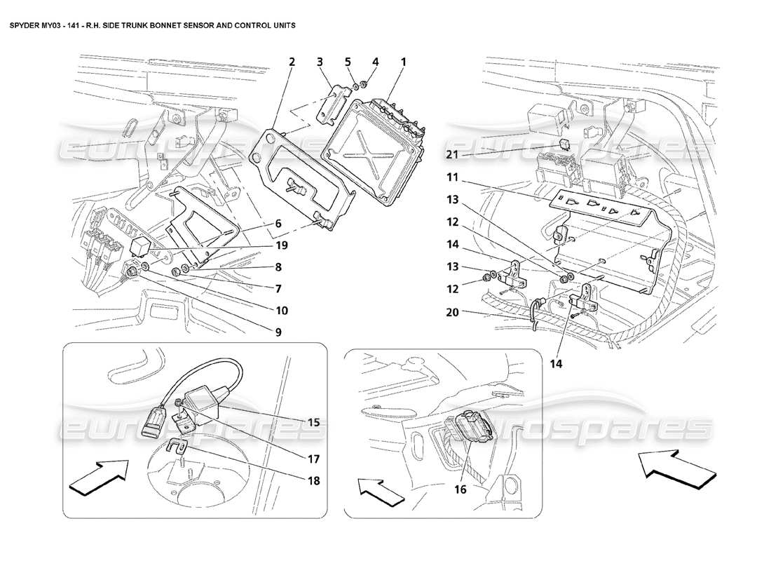 Maserati 4200 Spyder (2003) Diagramma delle parti del sensore e delle unità di controllo del cofano del bagagliaio lato destro