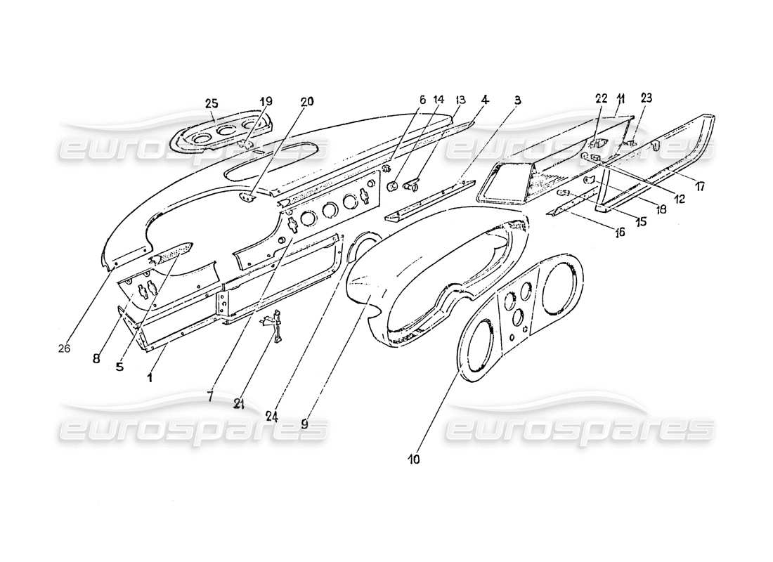 Ferrari 365 GT 2+2 (Carrozzerie) PANNELLO DI CONTROLLO Diagramma delle parti
