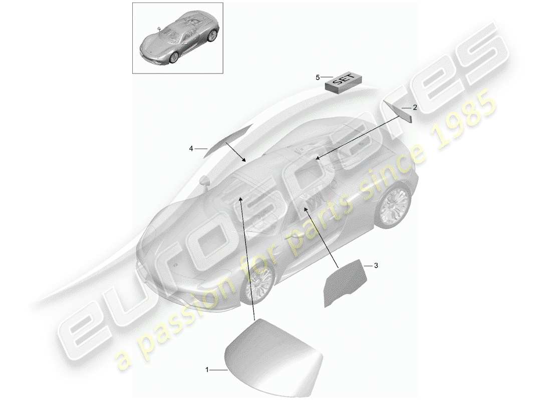 Porsche 918 Spyder (2015) VETRI DELLA FINESTRA Diagramma delle parti