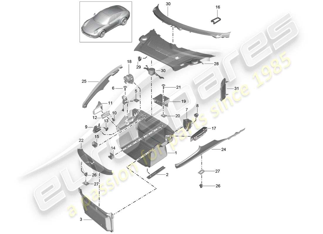 Porsche 991 (2014) COMPARTIMENTO BAGAGLI Diagramma delle parti