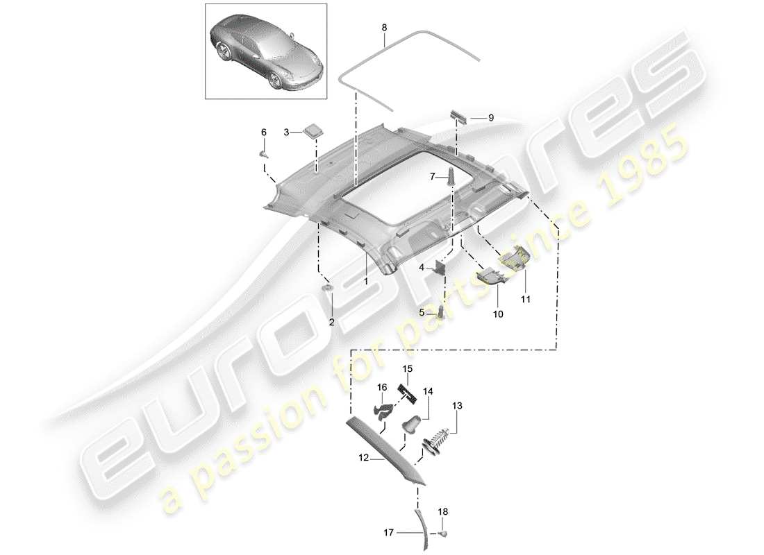 Porsche 991 (2014) pannello di rivestimento del tetto Diagramma delle parti