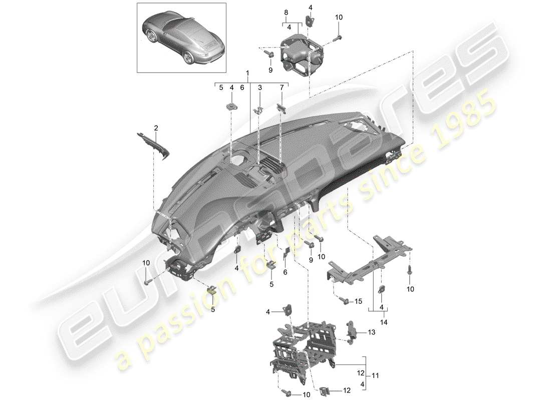 Porsche 991 (2014) rivestimento del pannello del cruscotto Diagramma delle parti
