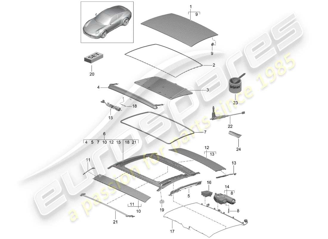 Porsche 991 (2014) tetto apribile Diagramma delle parti