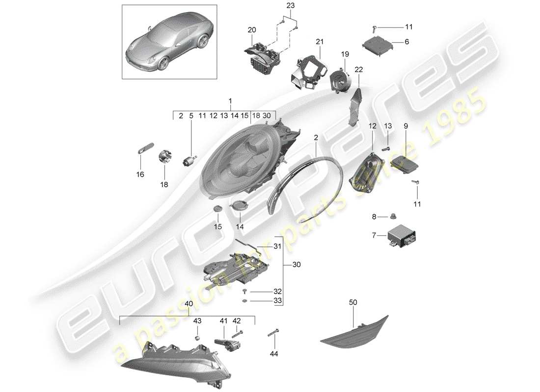 Porsche 991 (2014) faro Diagramma delle parti