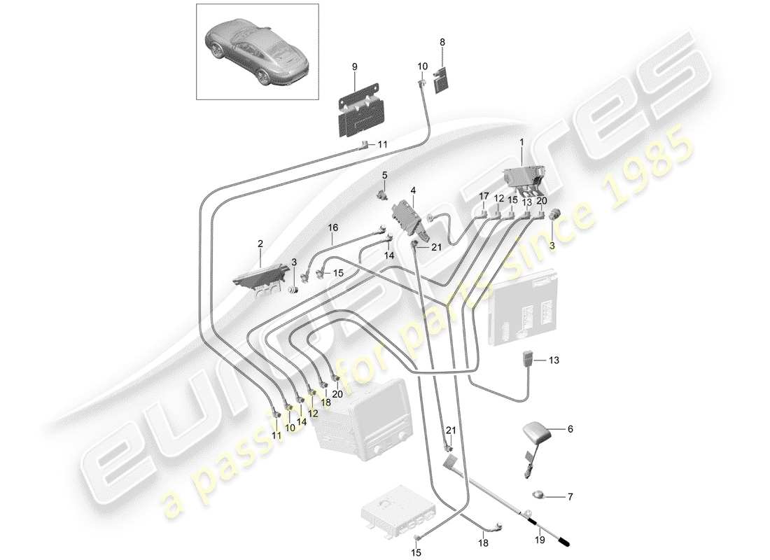 Porsche 991 (2014) amplificatore d'antenna Diagramma delle parti