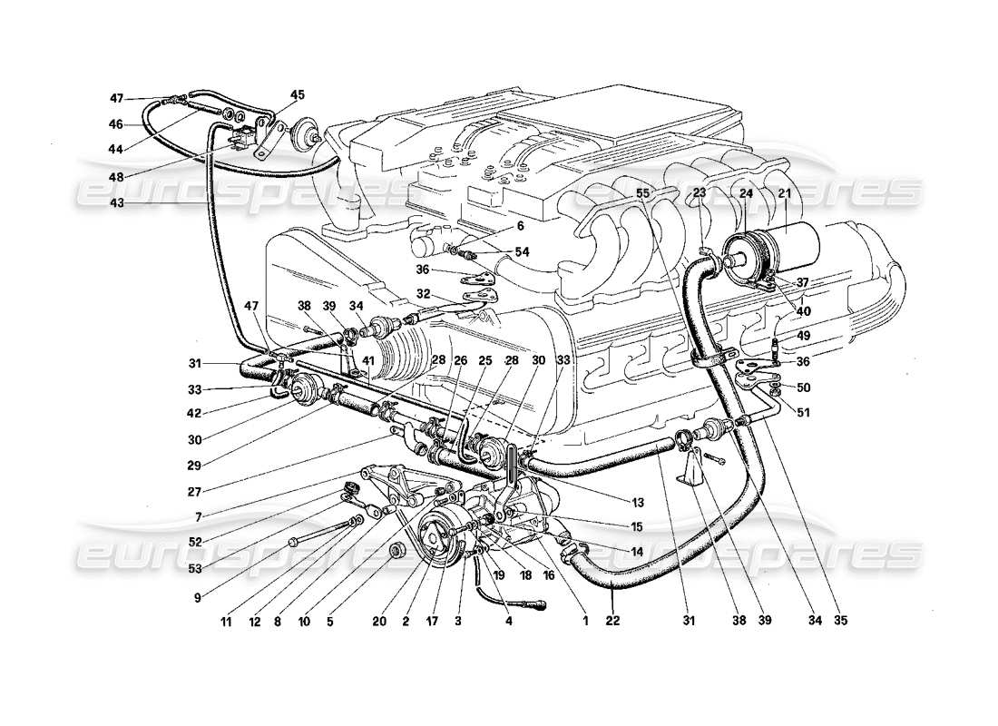 Ferrari Testarossa (1987) Diagramma delle parti della pompa dell'aria secondaria e delle linee (per la versione USA).