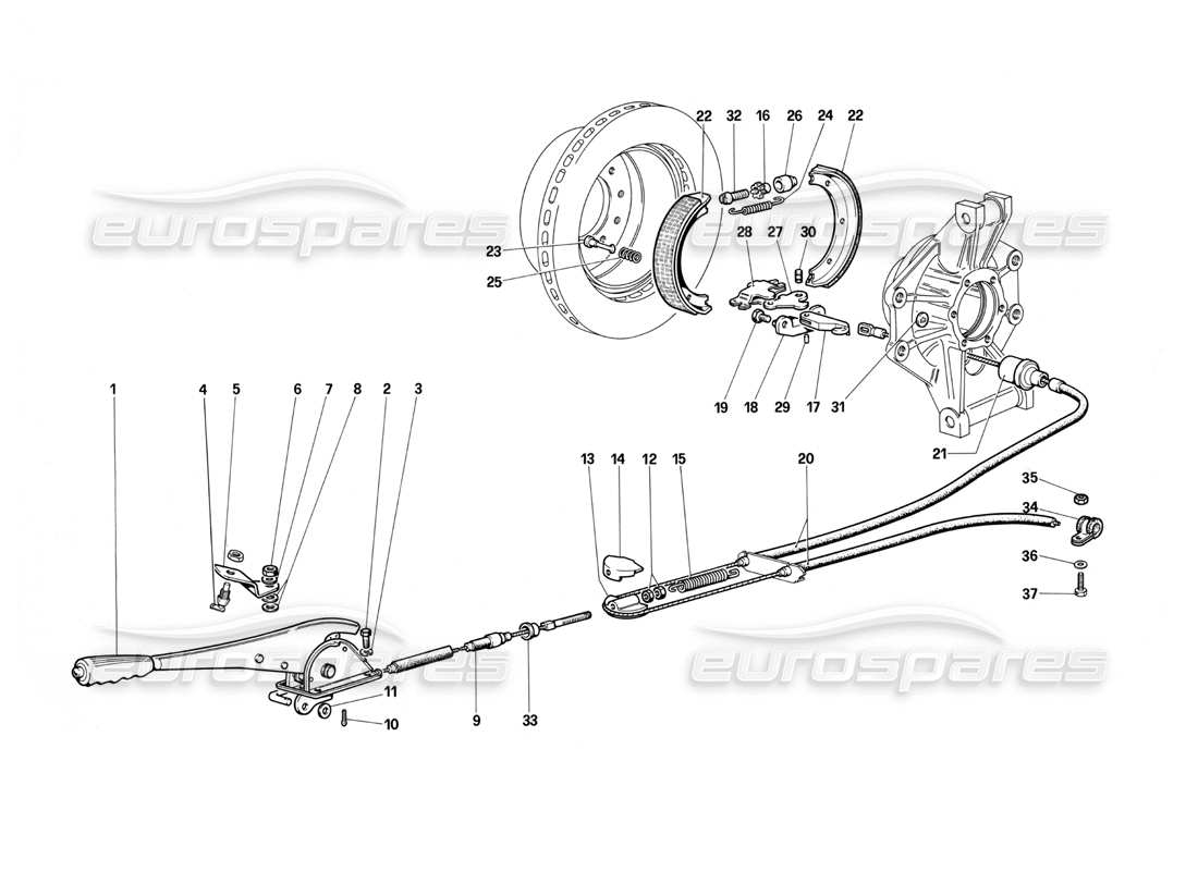 Ferrari Testarossa (1987) Controllo freno a mano Diagramma delle parti