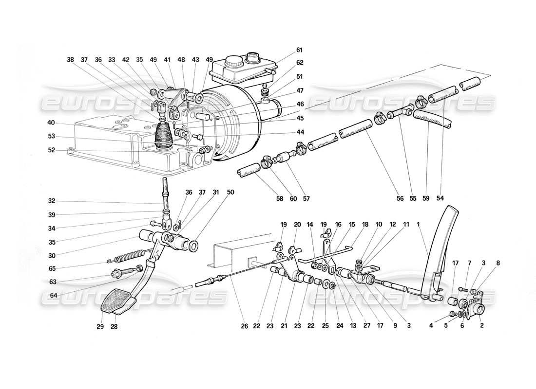 Ferrari Testarossa (1987) Sistema idraulico dei freni - Diagramma delle parti del controllo dell'acceleratore (varianti per le versioni con guida a destra)
