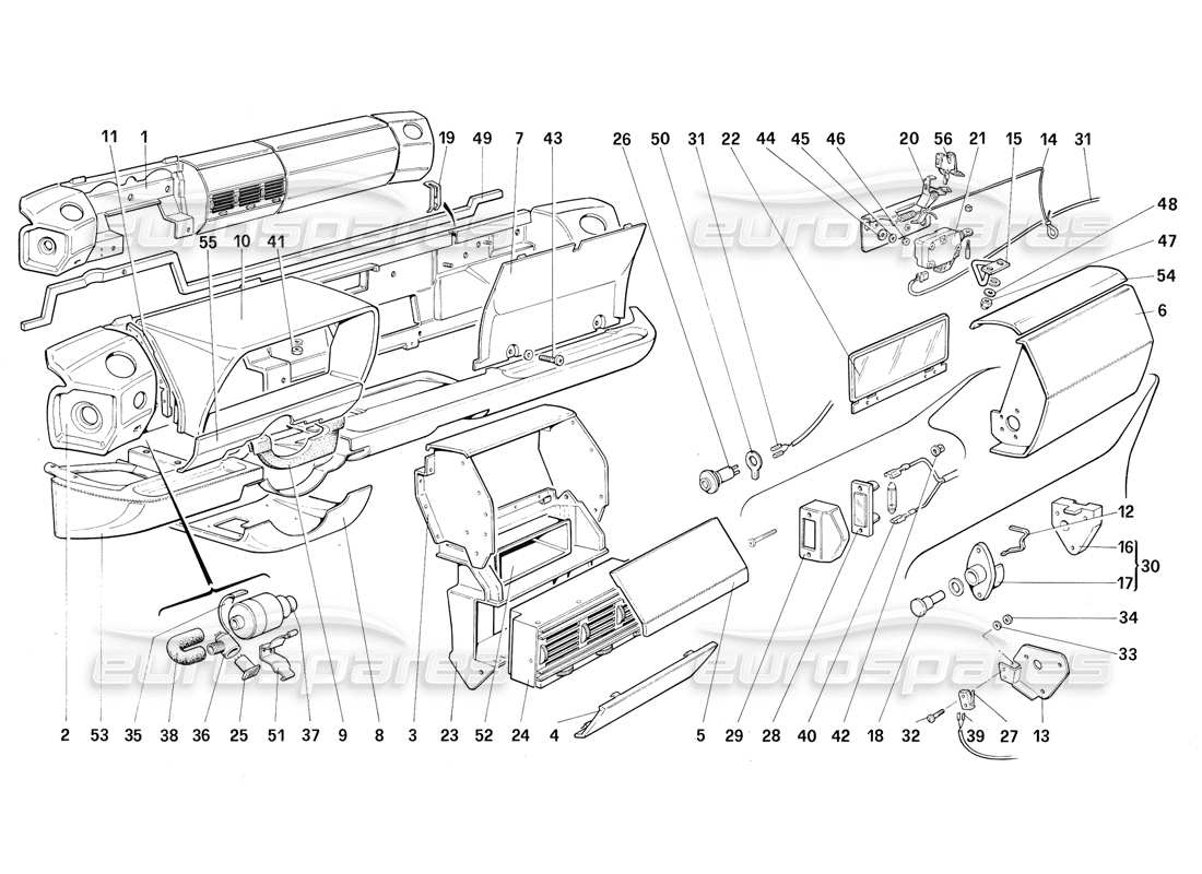 Diagramma delle parti del dashboard Ferrari Testarossa (1987) (per la versione USA MY 1987).