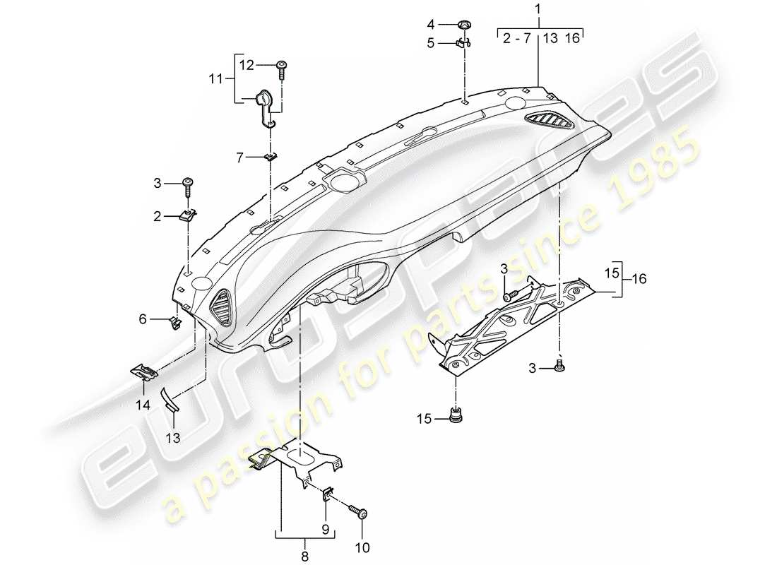 Porsche 997 (2008) rivestimento del pannello del cruscotto Diagramma delle parti