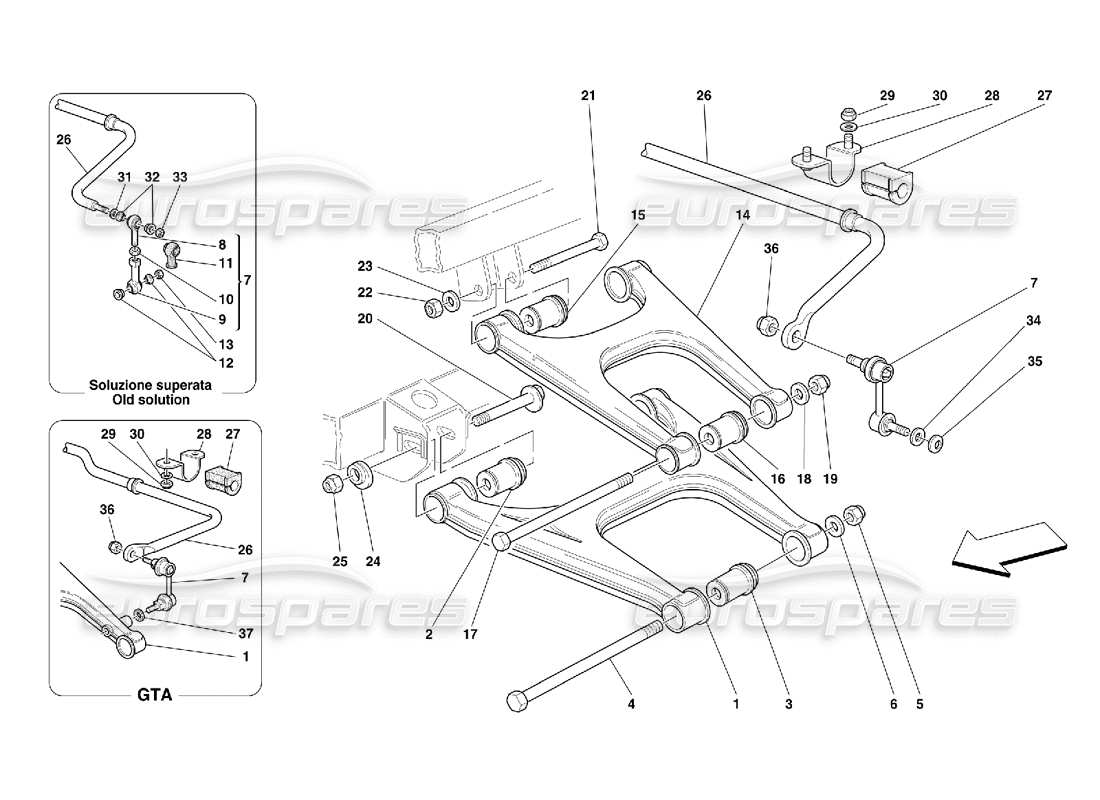 Ferrari 456 GT/GTA Sospensione posteriore: bracci trasversali e barra stabilizzatrice Diagramma delle parti