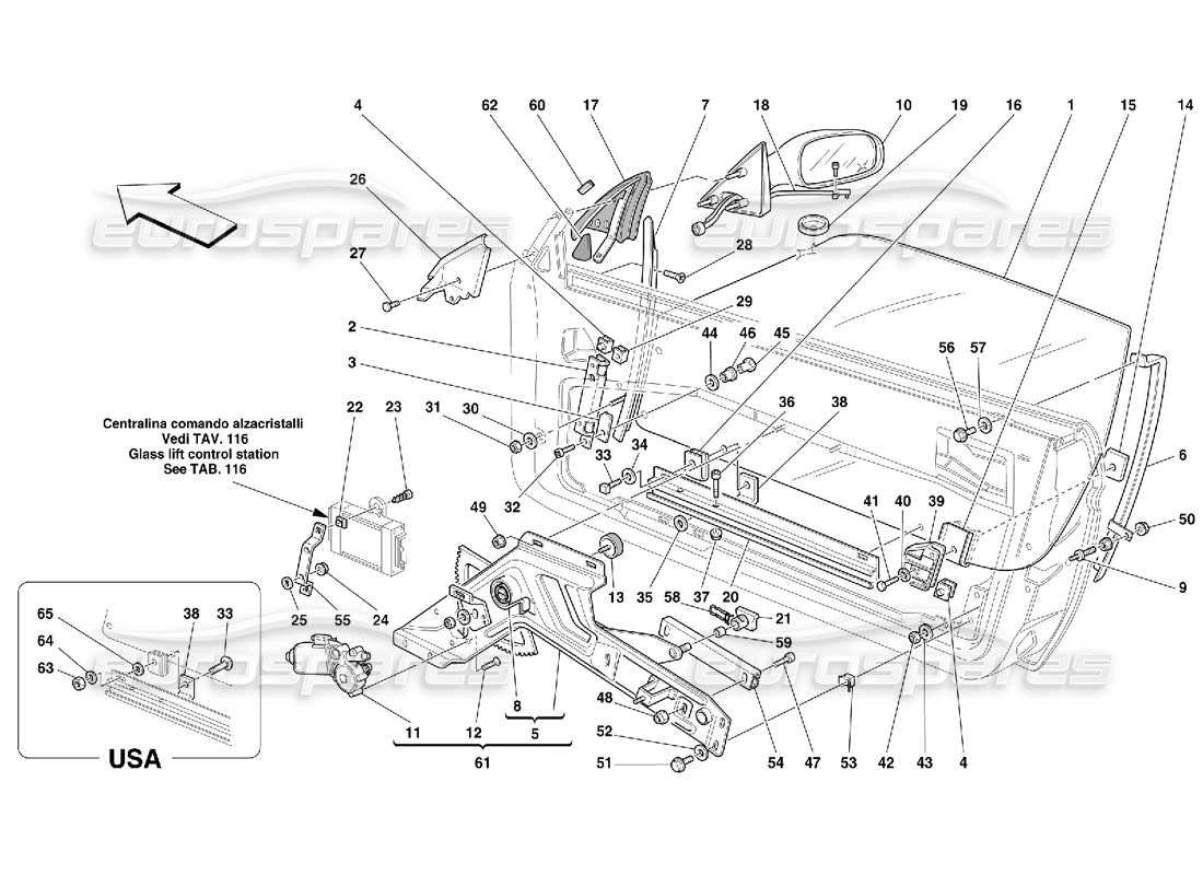 Ferrari 456 GT/GTA Porte: alzacristallo elettrico e specchietto retrovisore Diagramma delle parti