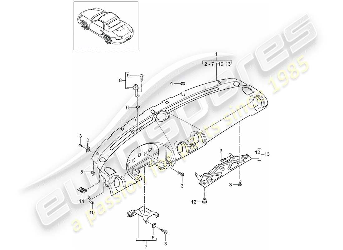 Porsche Boxster 987 (2010) rivestimento del pannello del cruscotto Diagramma delle parti