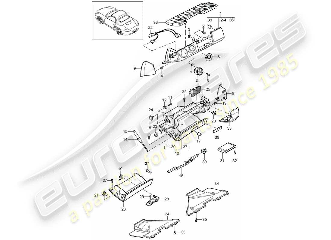 Porsche Boxster 987 (2010) SCATOLA DI GUANTI Diagramma delle parti