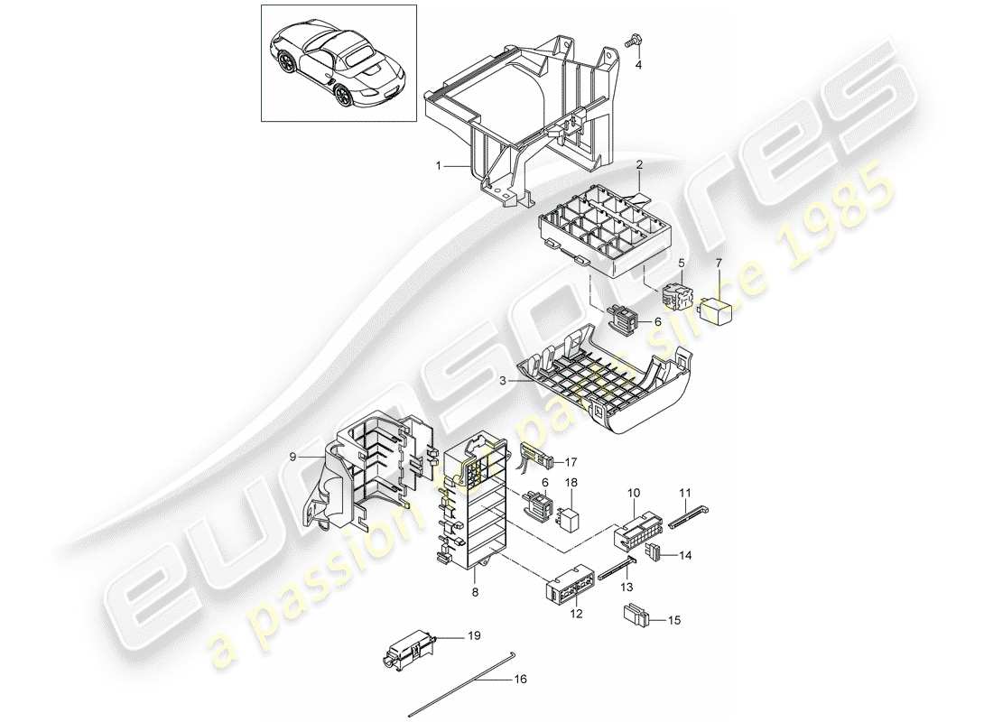 Porsche Boxster 987 (2010) scatola dei fusibili/piastra relè Diagramma delle parti