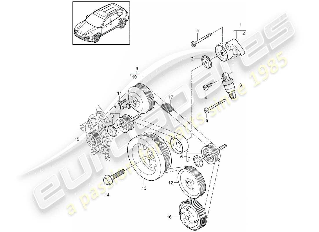 Porsche Cayenne E2 (2015) ammortizzatore di tensionamento della cinghia Diagramma delle parti