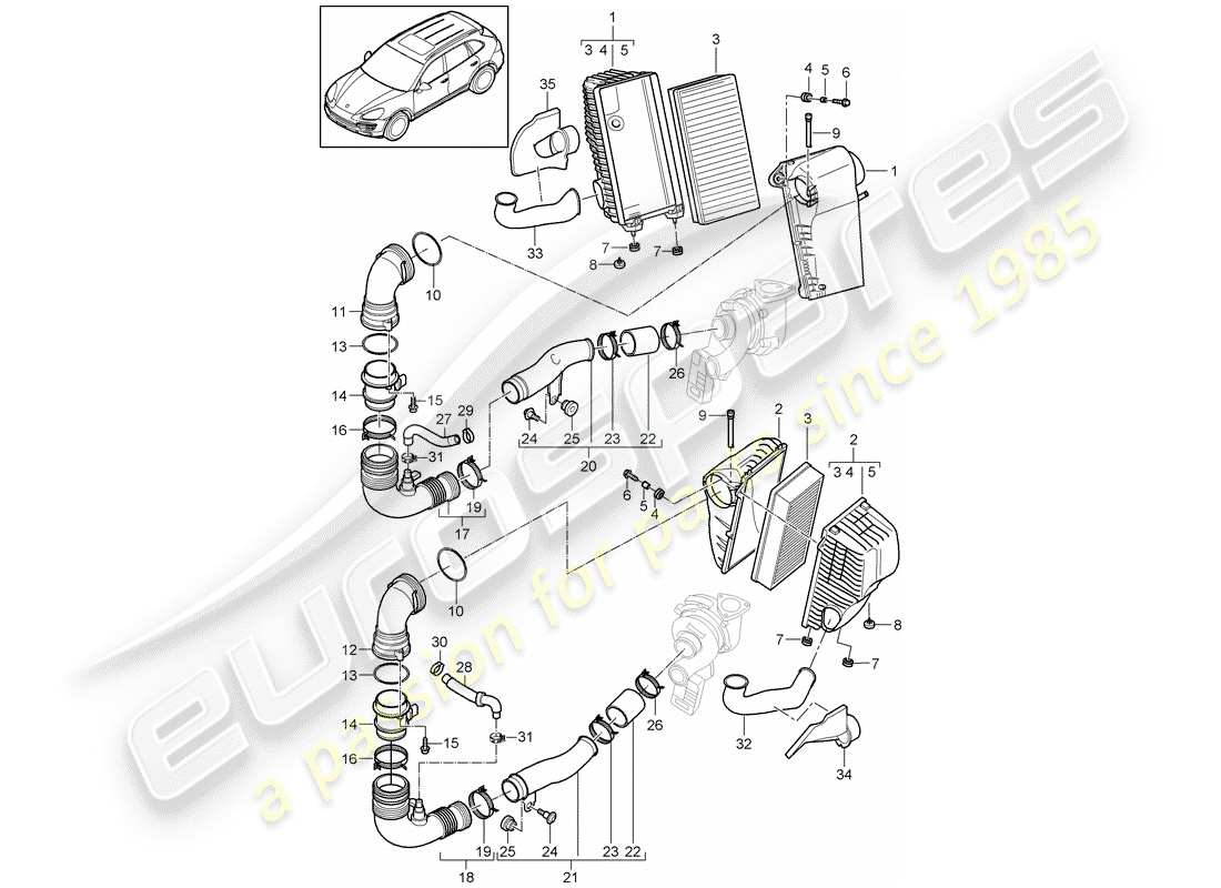Porsche Cayenne E2 (2015) filtro dell'aria con collegamento Diagramma delle parti