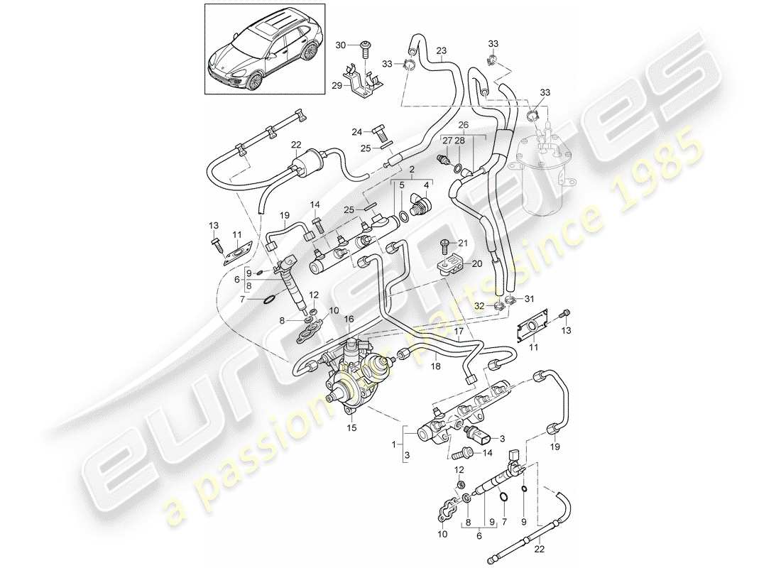Porsche Cayenne E2 (2015) tubo di raccolta carburante Diagramma delle parti