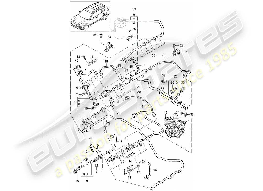Porsche Cayenne E2 (2015) tubo di raccolta carburante Diagramma delle parti