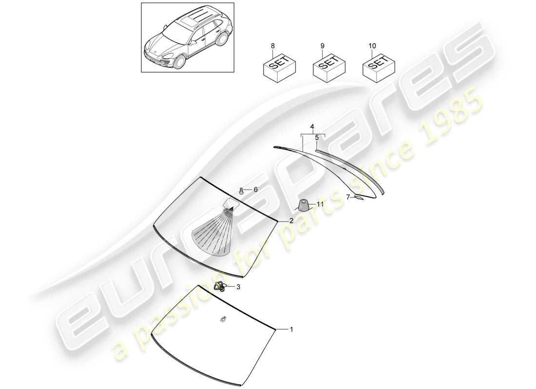 Porsche Cayenne E2 (2015) VETRI DA FINESTRA Diagramma delle parti
