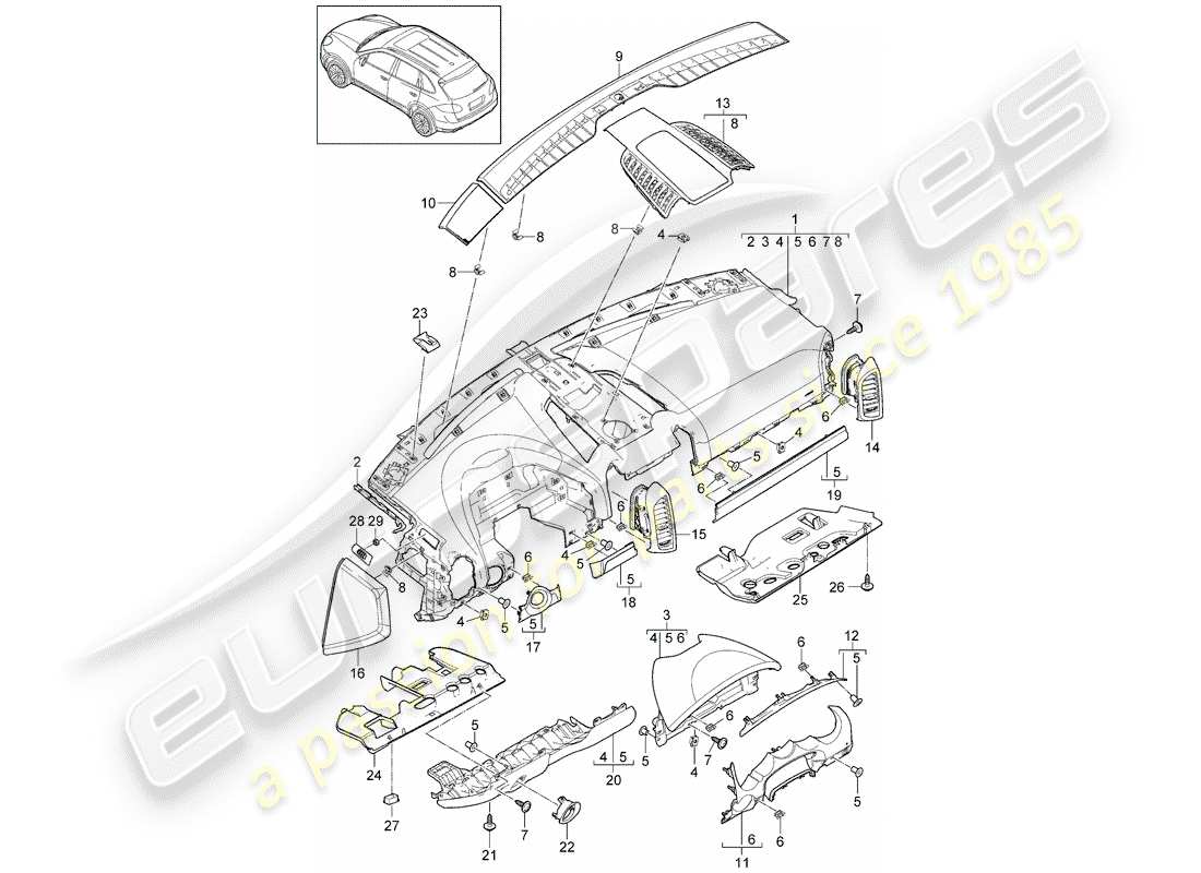 Porsche Cayenne E2 (2015) rivestimento del pannello del cruscotto Diagramma delle parti