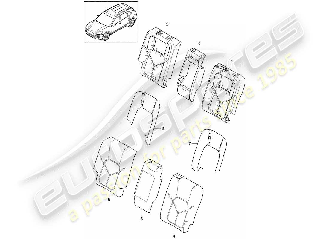 Porsche Cayenne E2 (2015) schienale del sedile posteriore Diagramma delle parti