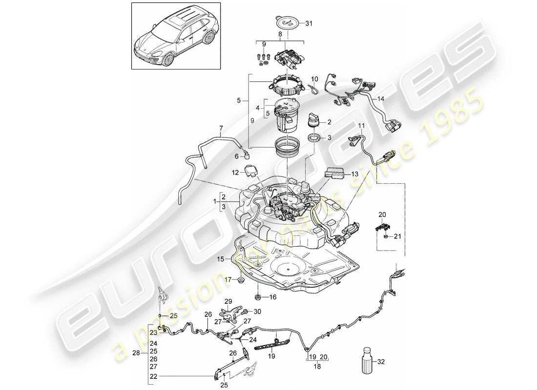 Porsche Cayenne E2 (2018) ex. sistema di controllo delle emissioni Diagramma delle parti