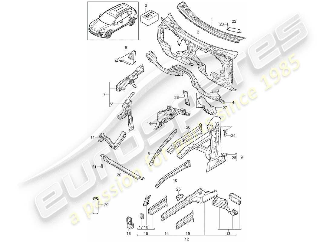 Porsche Cayenne E2 (2018) fine frontale Diagramma delle parti