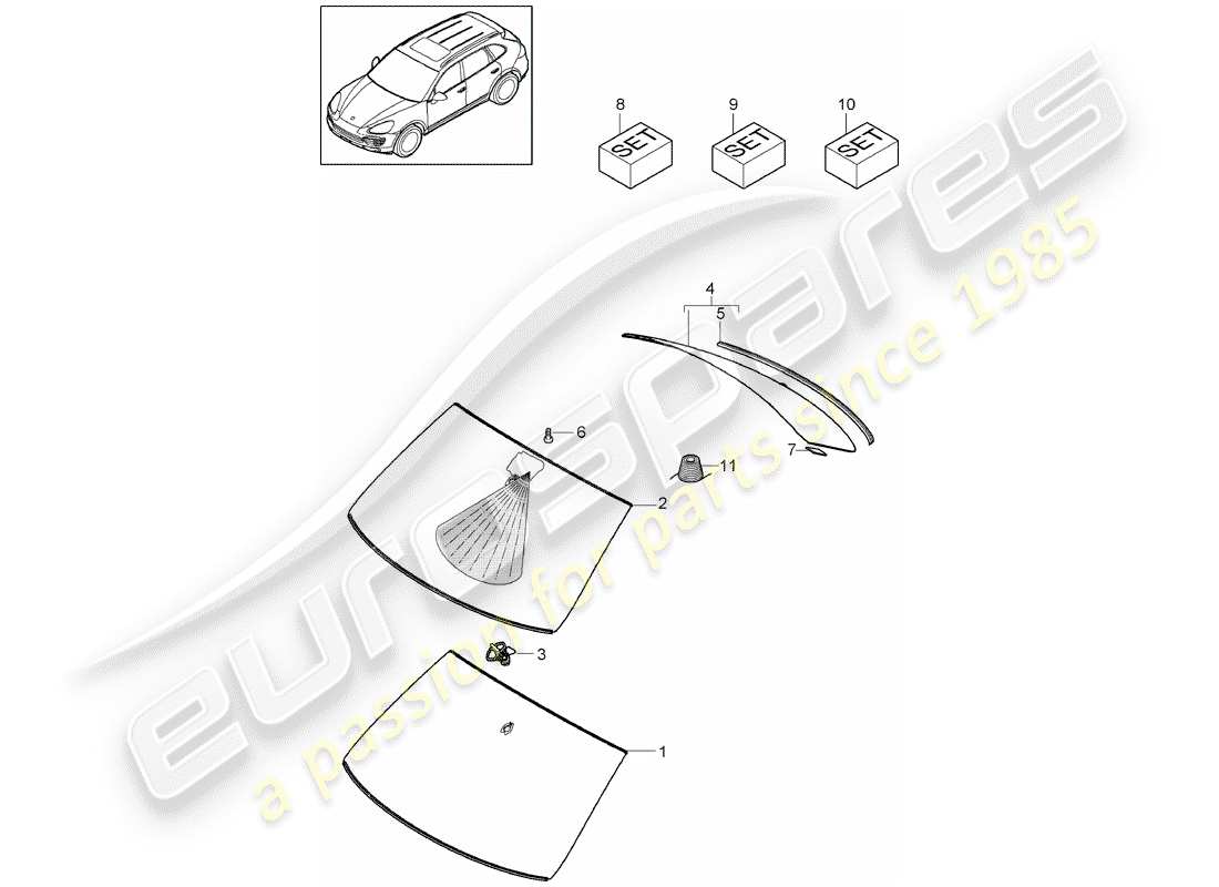 Porsche Cayenne E2 (2018) VETRI DA FINESTRA Diagramma delle parti