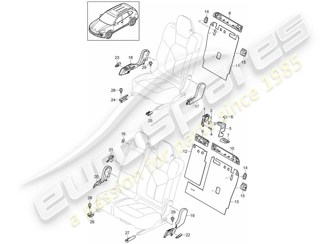 Porsche Cayenne E2 (2018) schienale del sedile posteriore Diagramma delle parti
