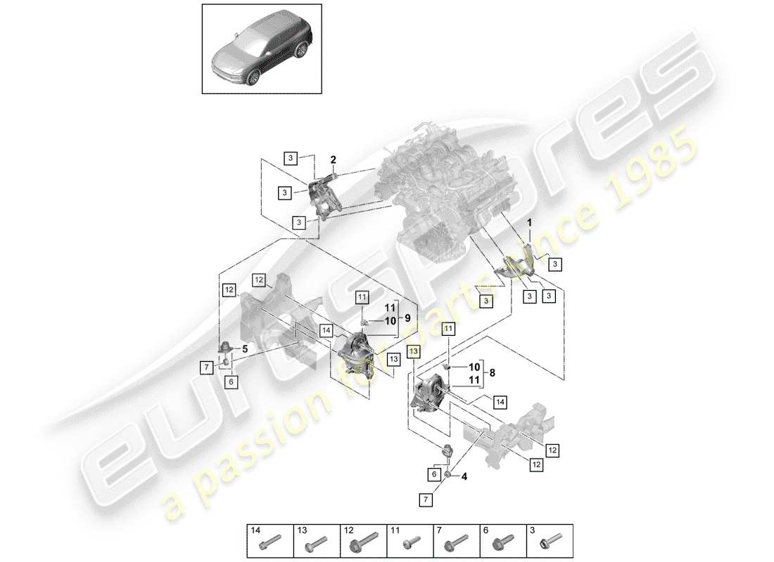 Porsche Cayenne E3 (2018) paranco di sollevamento del motore Diagramma delle parti