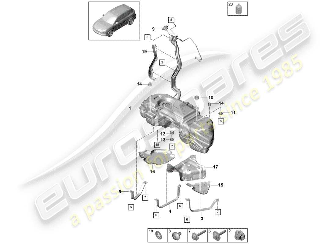 Porsche Cayenne E3 (2018) serbatoio del carburante con Diagramma delle parti