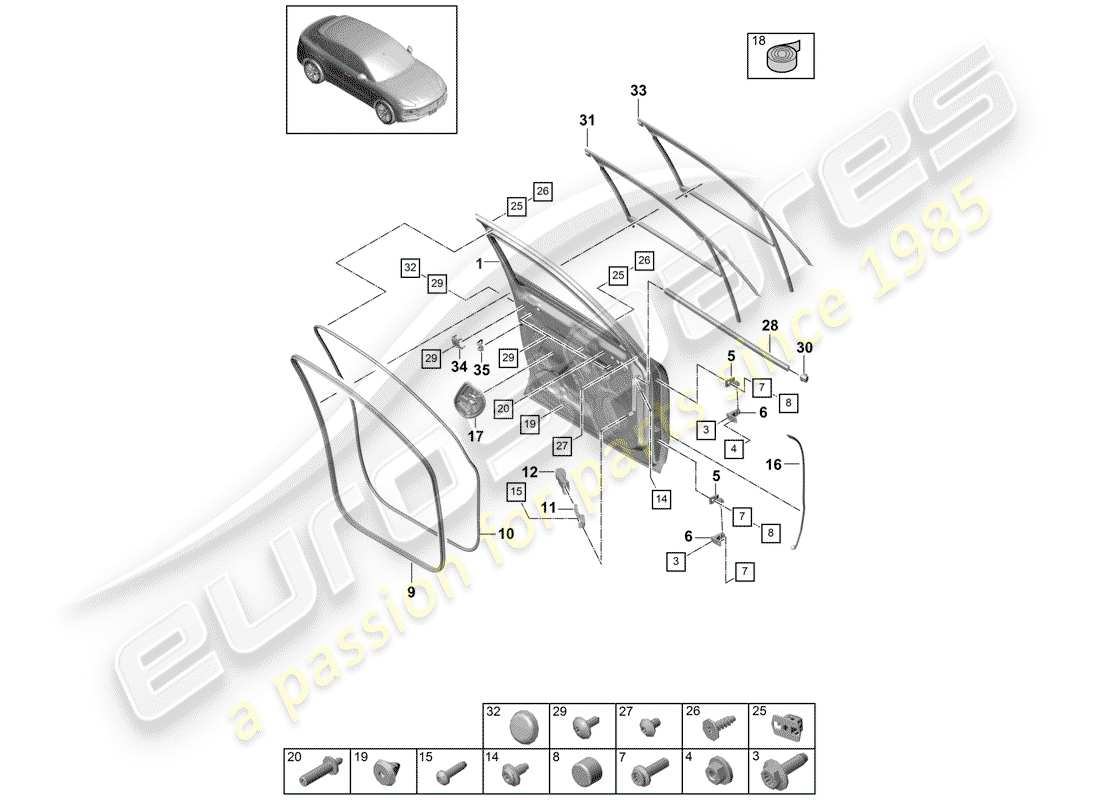 Porsche Cayenne E3 (2018) guscio della porta Diagramma delle parti