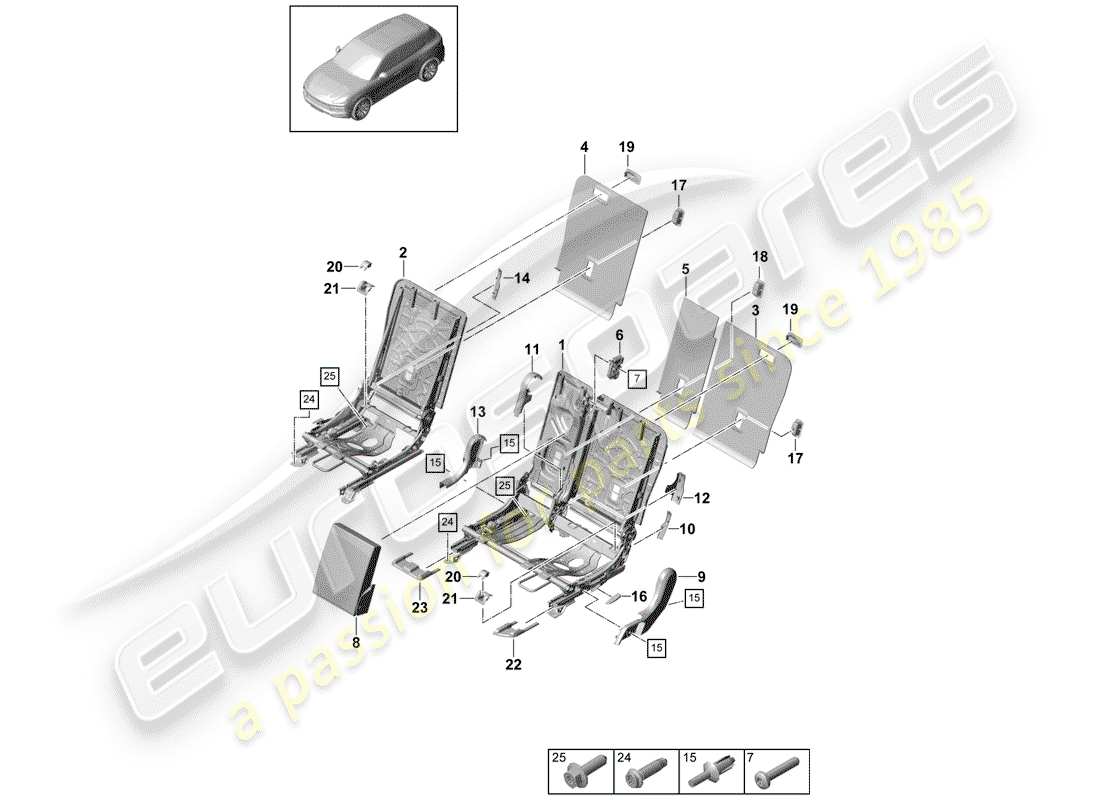 Porsche Cayenne E3 (2018) schienale del sedile posteriore Diagramma delle parti