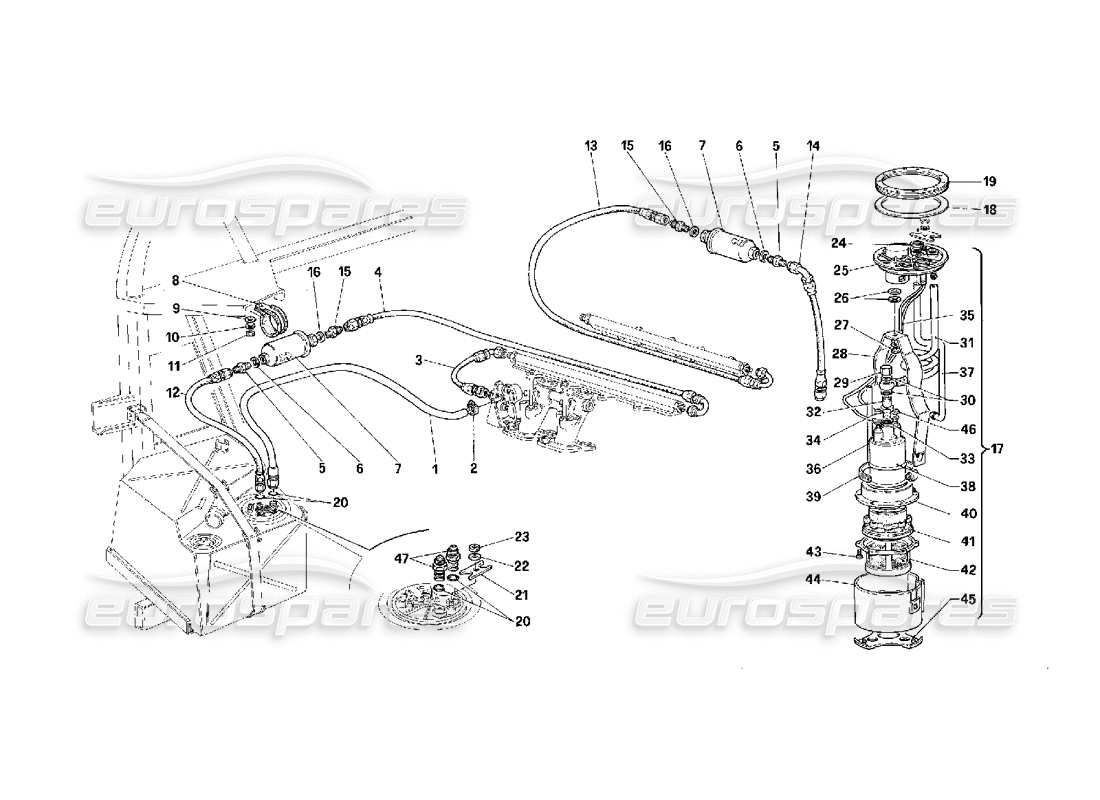 Ferrari F40 Pompa e tubazioni del carburante -Valido per gli USA- Diagramma delle parti