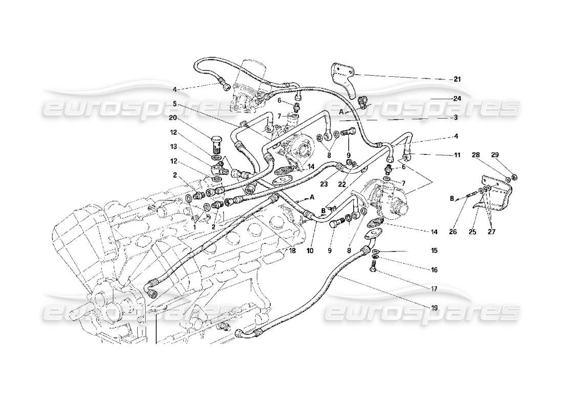 Ferrari F40 Sistema di lubrificazione e raffreddamento in eccesso di alimentazione - Valido per auto con catalizzatore - Diagramma delle parti