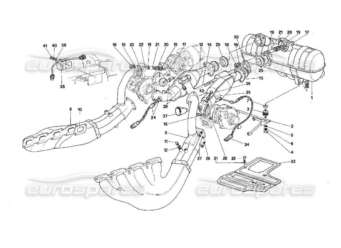Ferrari F40 Impianto di scarico -Valido per auto con catalizzatore- Schema delle parti