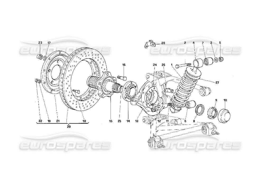 Ferrari F40 Sospensione anteriore: ammortizzatore e disco freno Diagramma delle parti
