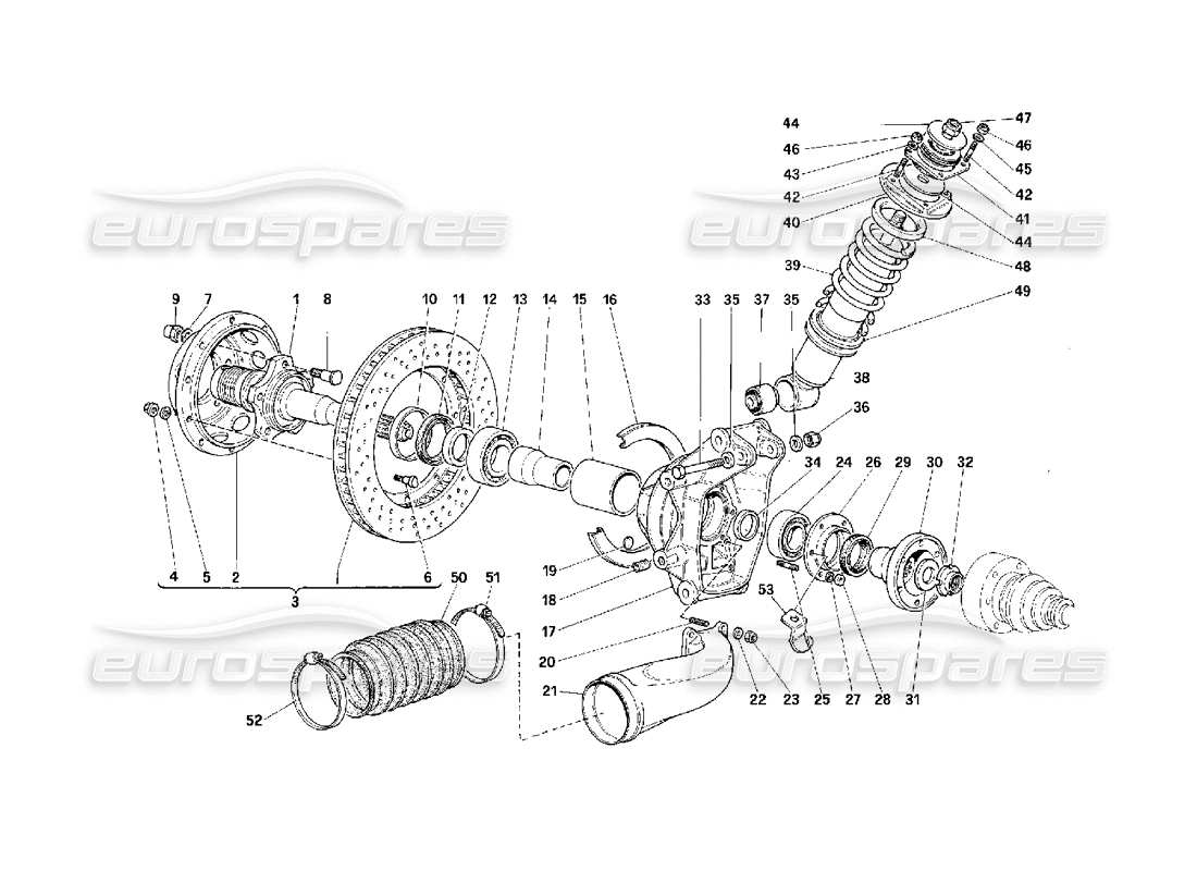 Ferrari F40 Sospensione posteriore: ammortizzatore e disco freno Diagramma delle parti